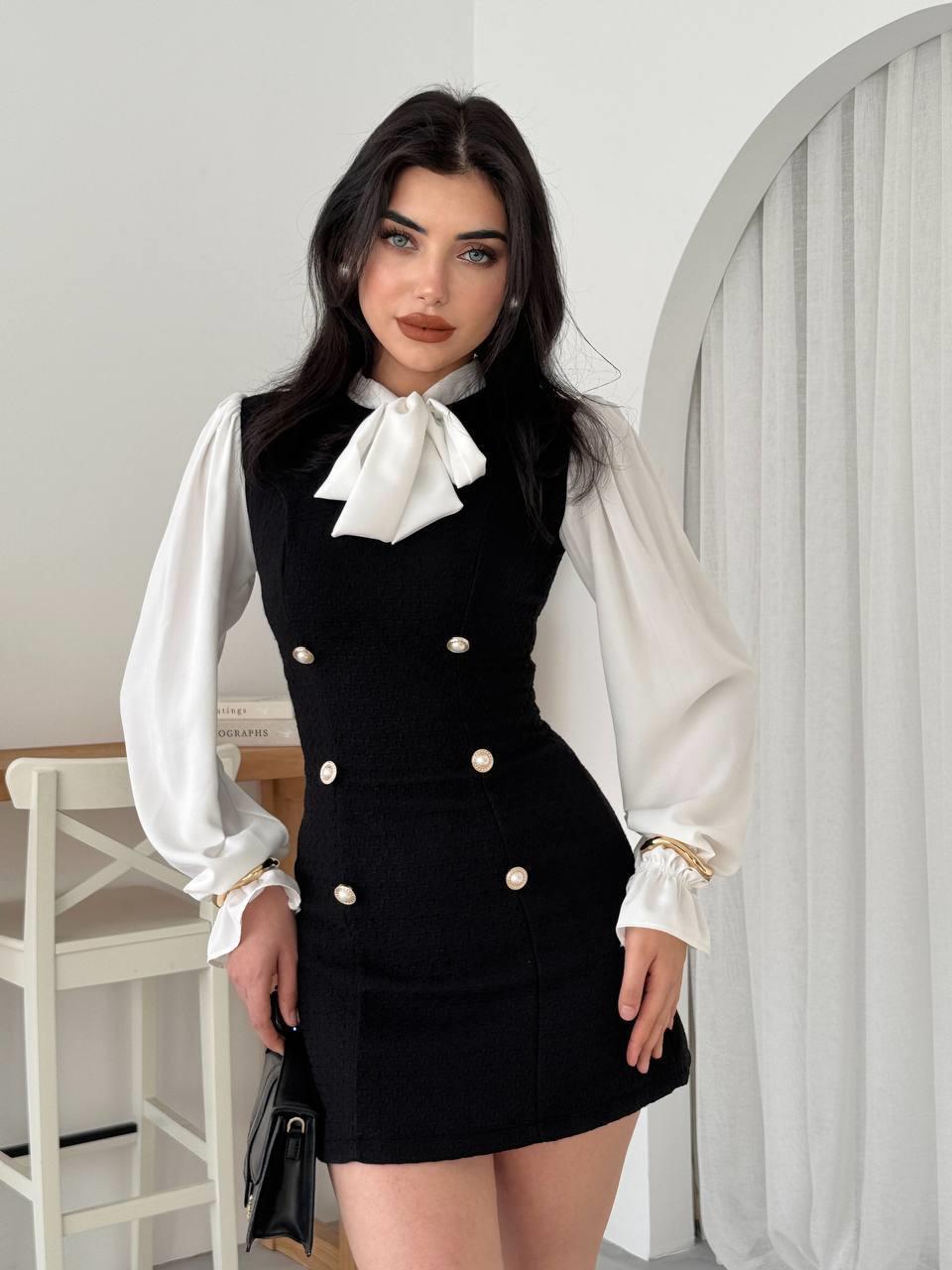 İnci Düğme Detaylı Gömlek Yaka Mini Kadın Elbise – Siyah