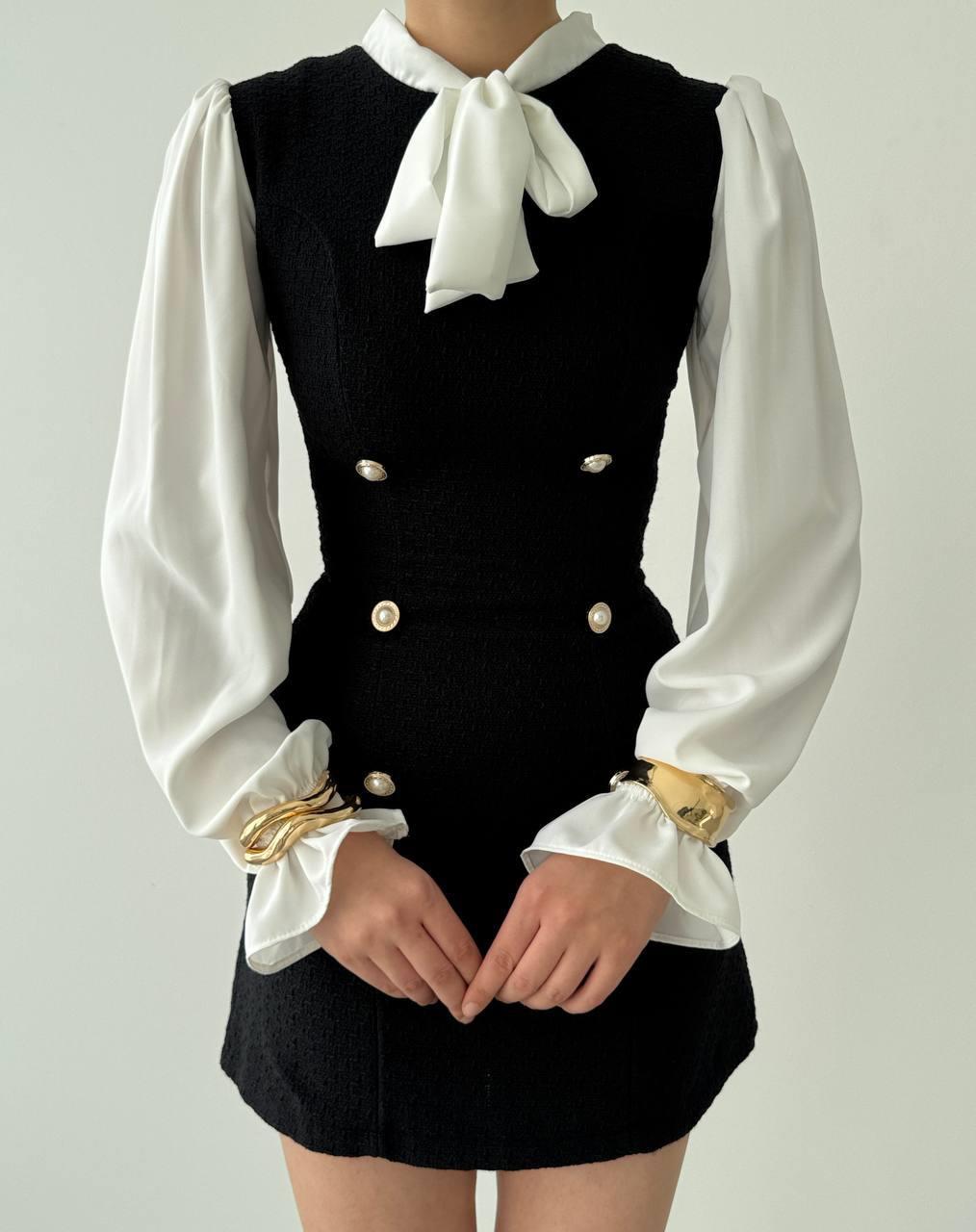 İnci Düğme Detaylı Gömlek Yaka Mini Kadın Elbise – Siyah