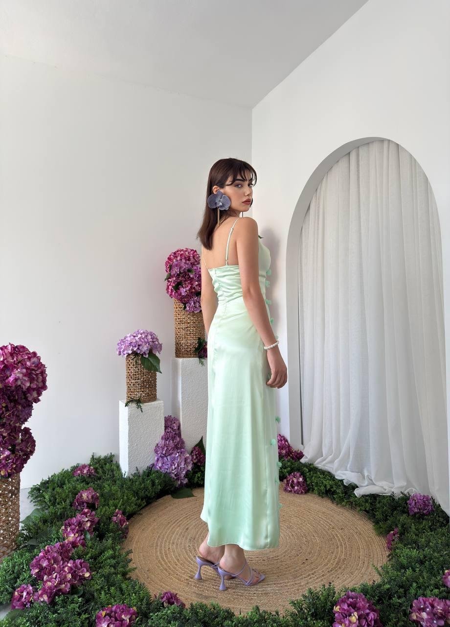 İp Askılı Çiçek Detaylı Uzun Saten Kalem Elbise - YEŞİL