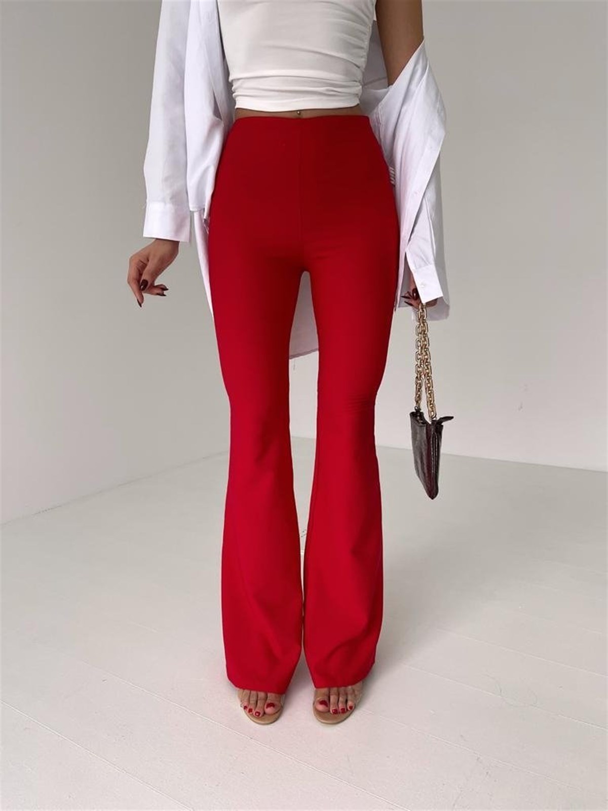 İspanyol Paça Yandan Fermuarlı Anjali Pantolon - KIRMIZI