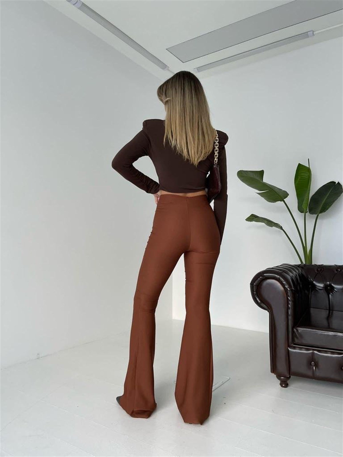 İspanyol Paça Yandan Fermuarlı Anjali Pantolon - KAHVERENK