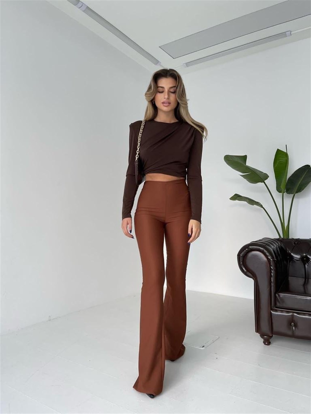 İspanyol Paça Yandan Fermuarlı Anjali Pantolon - KAHVERENK