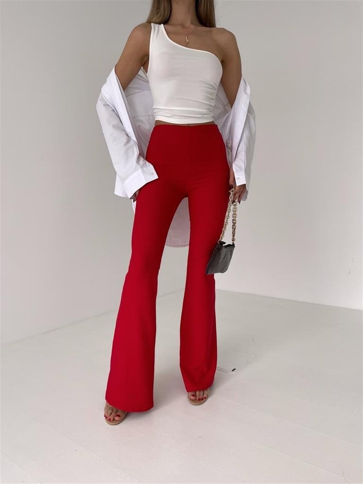 İspanyol Paça Yandan Fermuarlı Anjali Pantolon - KIRMIZI