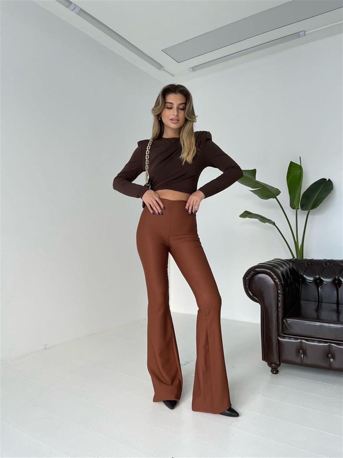 İspanyol Paça Yandan Fermuarlı Anjali Pantolon - KAHVERENK