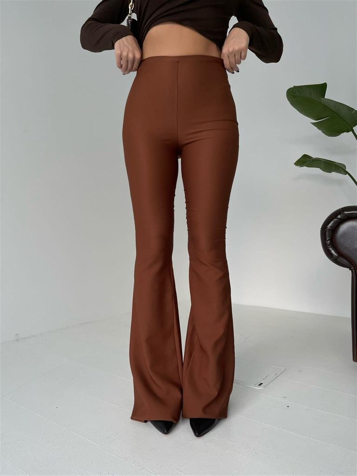 İspanyol Paça Yandan Fermuarlı Anjali Pantolon - KAHVERENK