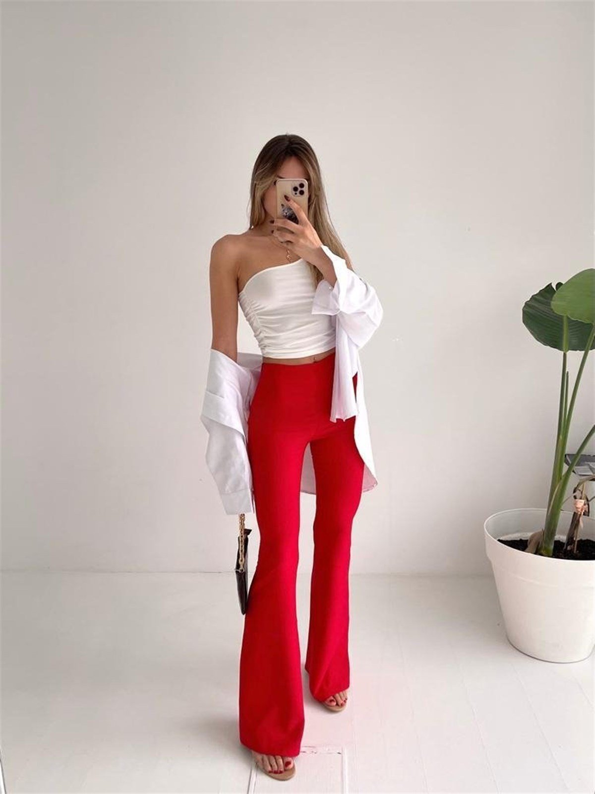 İspanyol Paça Yandan Fermuarlı Anjali Pantolon - KIRMIZI