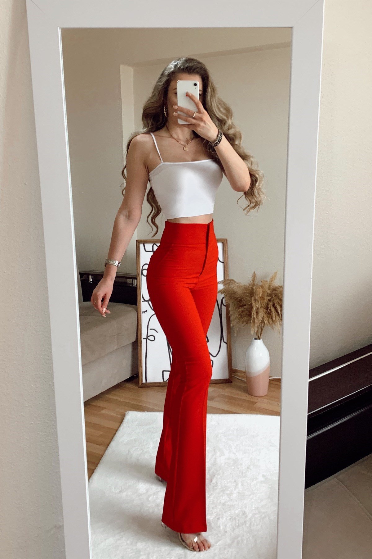 İspanyol Paça Yüksek Bel Pantolon - KIRMIZI