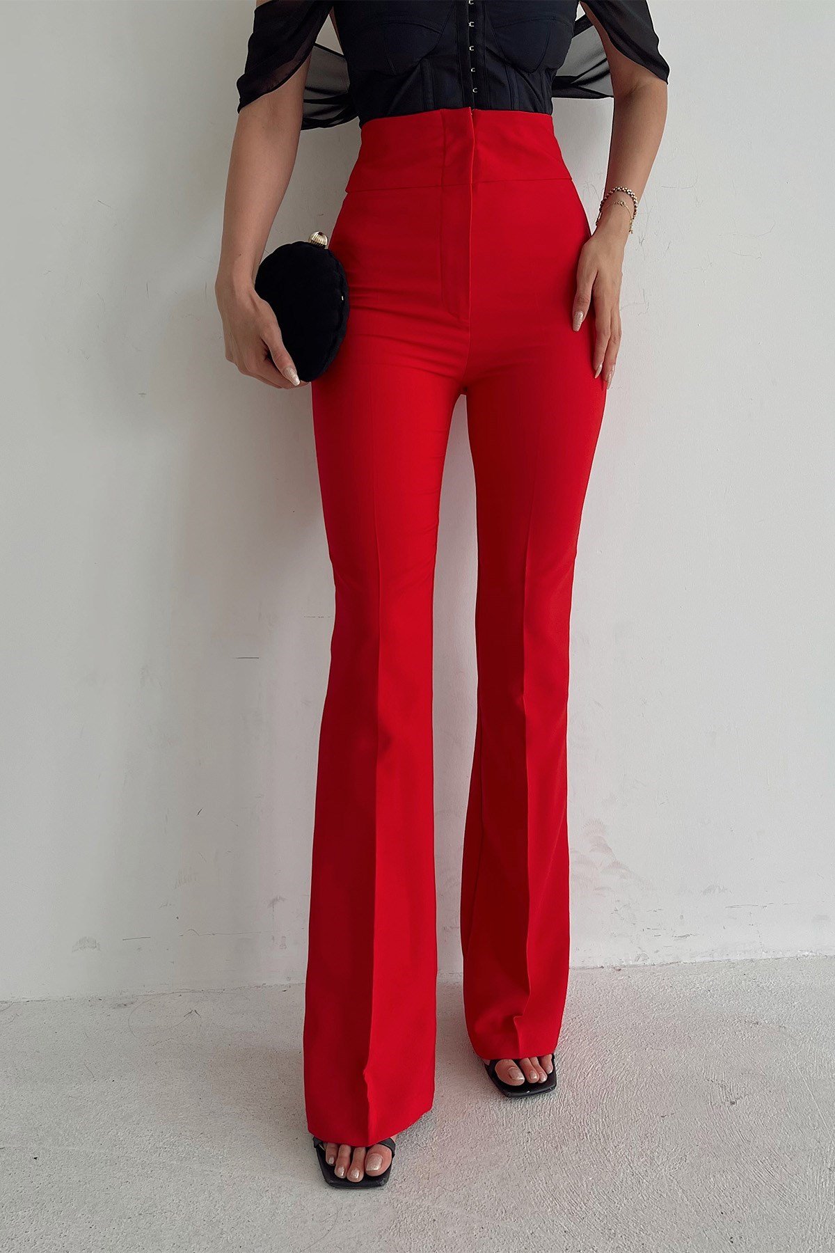 İspanyol Paça Yüksek Bel Pantolon - KIRMIZI