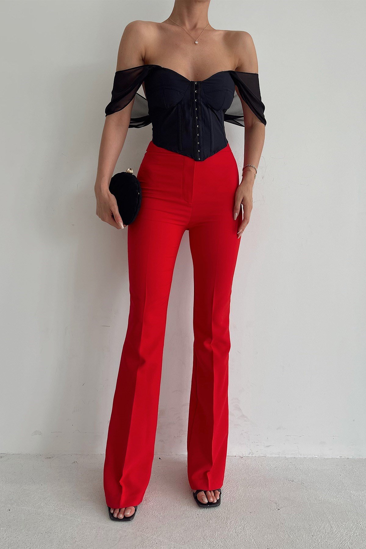 İspanyol Paça Yüksek Bel Pantolon - KIRMIZI