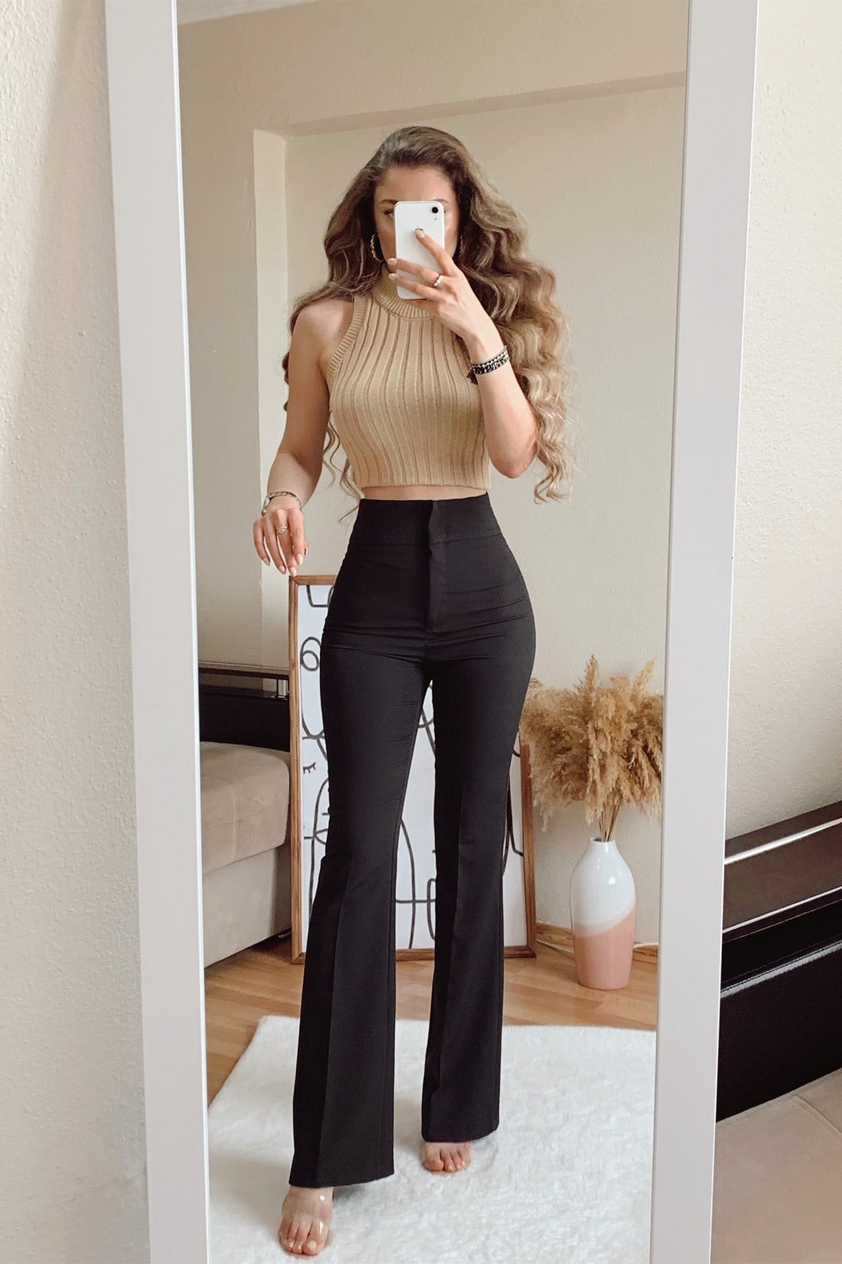 İspanyol Paça Yüksek Bel Pantolon - SİYAH