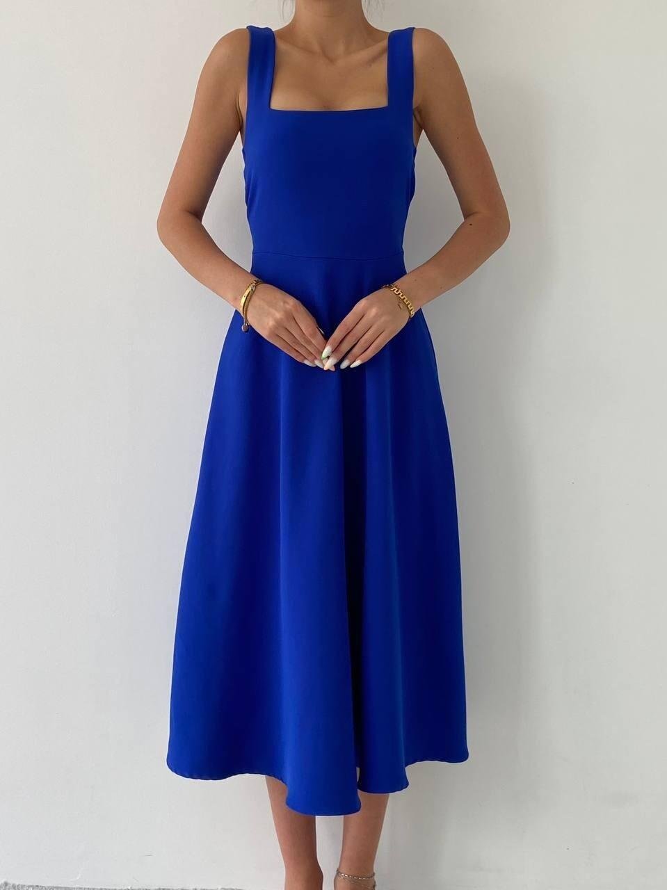 Kalın Askı Detay Kadın Midi Elbise - SAKS MAVİ