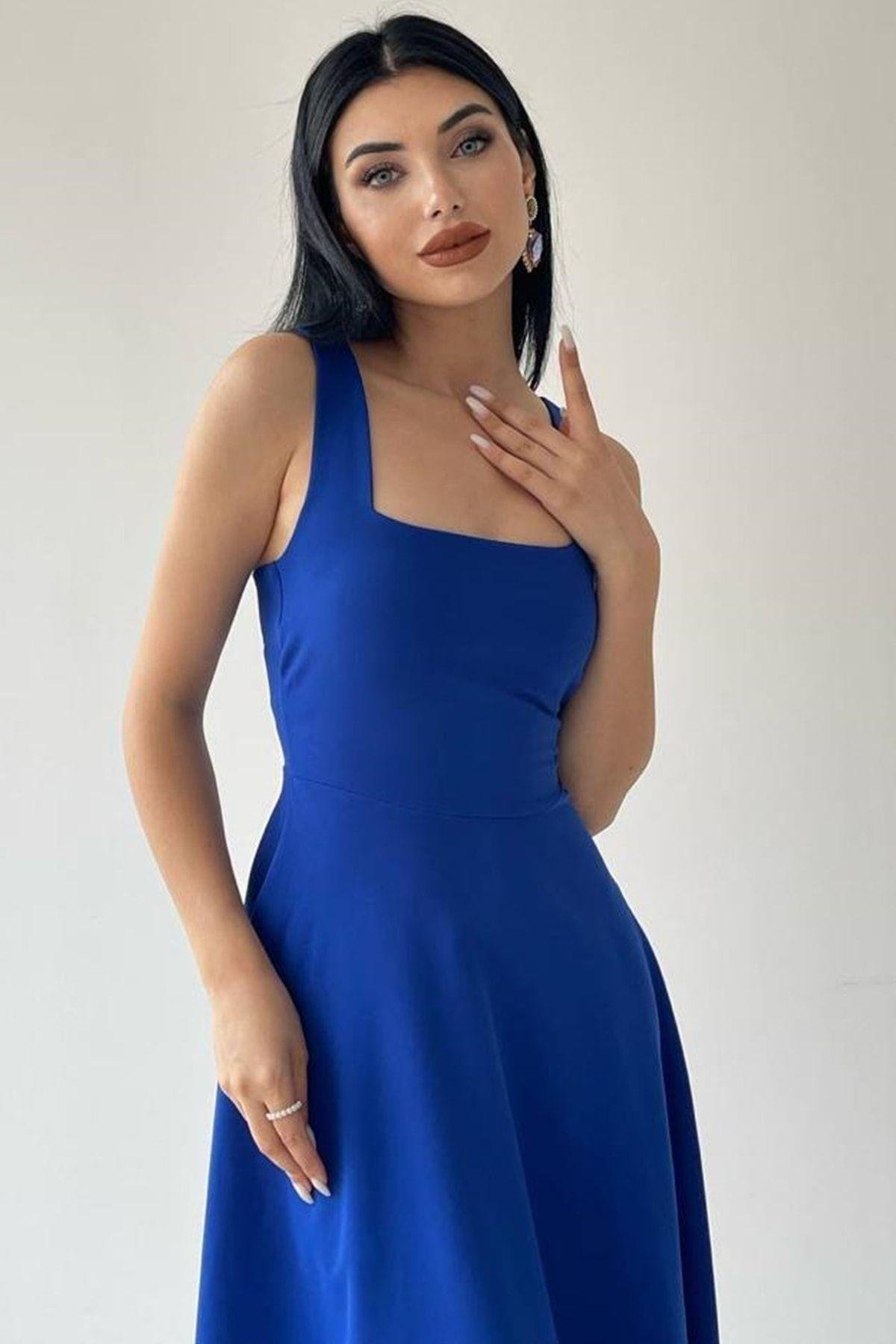 Kalın Askı Detay Kadın Midi Elbise - SAKS MAVİ