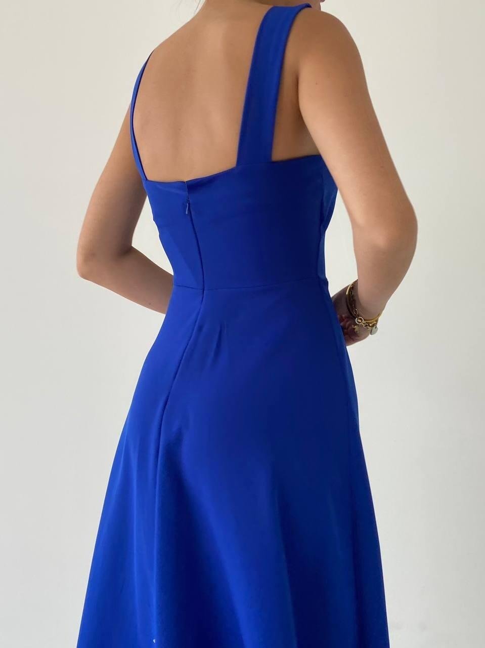 Kalın Askı Detay Kadın Midi Elbise - SAKS MAVİ