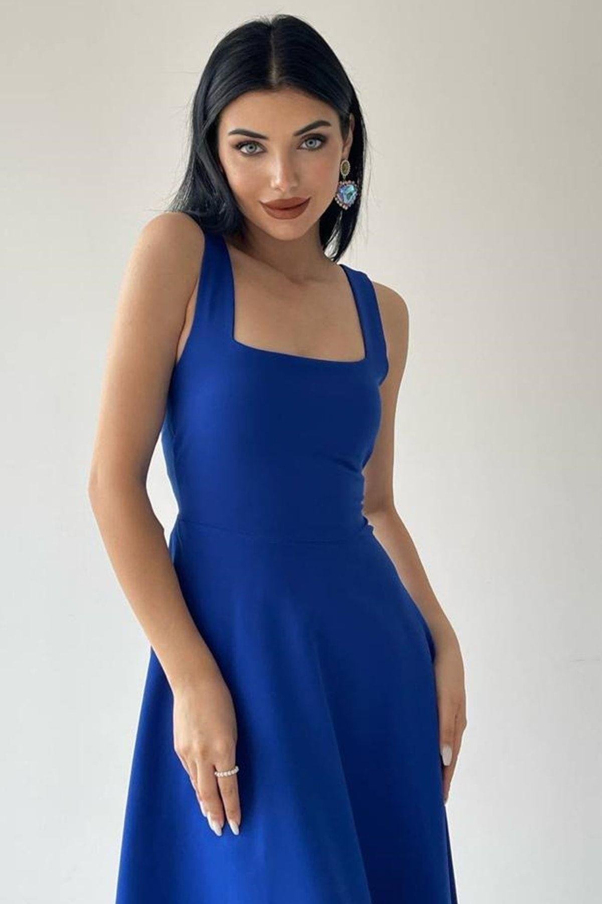 Kalın Askı Detay Kadın Midi Elbise - SAKS MAVİ