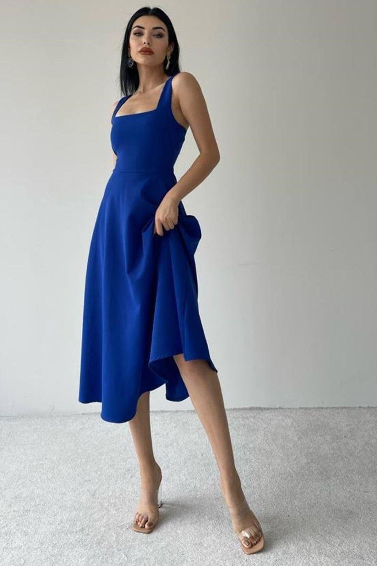 Kalın Askı Detay Kadın Midi Elbise - SAKS MAVİ