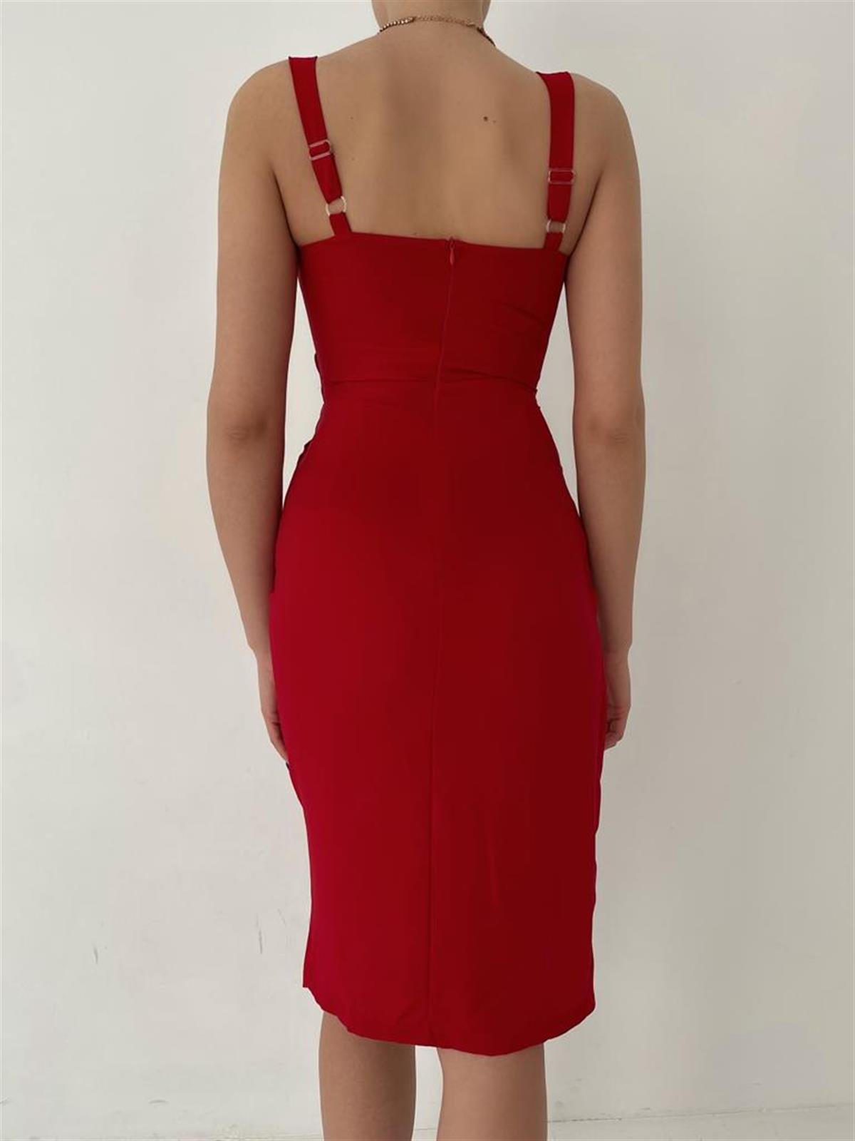Kalın Askılı Midiboy Elbise - KIRMIZI
