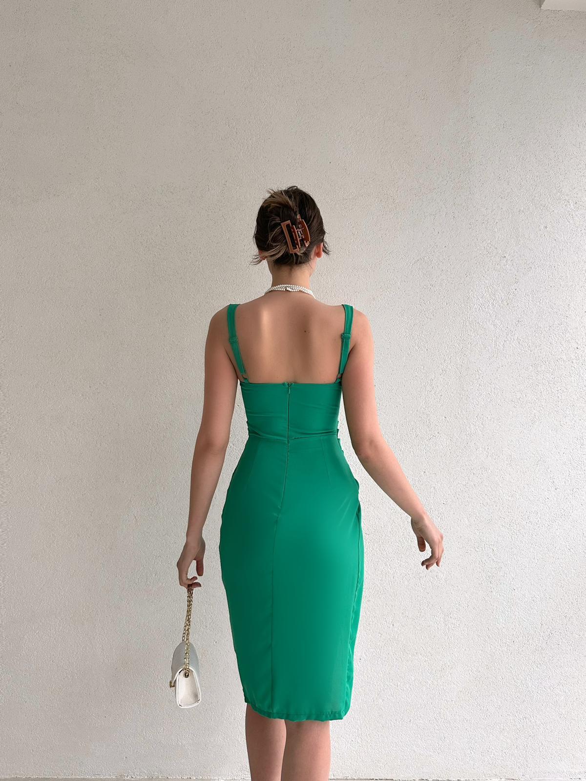 Kalın Askılı Midiboy Elbise - YEŞİL