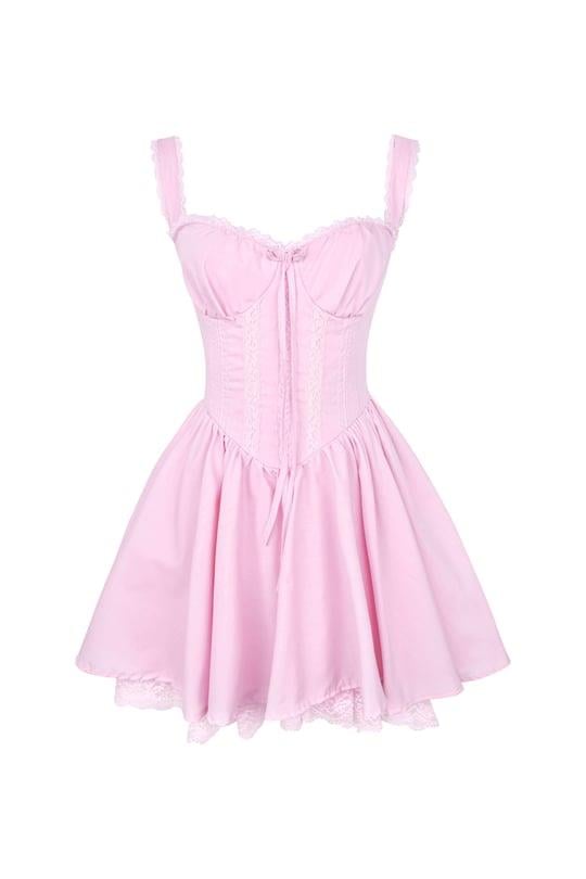 Kalın Askılı Önü Bağlama Detaylı Korse Görünümlü Belden Oturtmalı Dantel Detaylı Mini Elbise - PEMBE