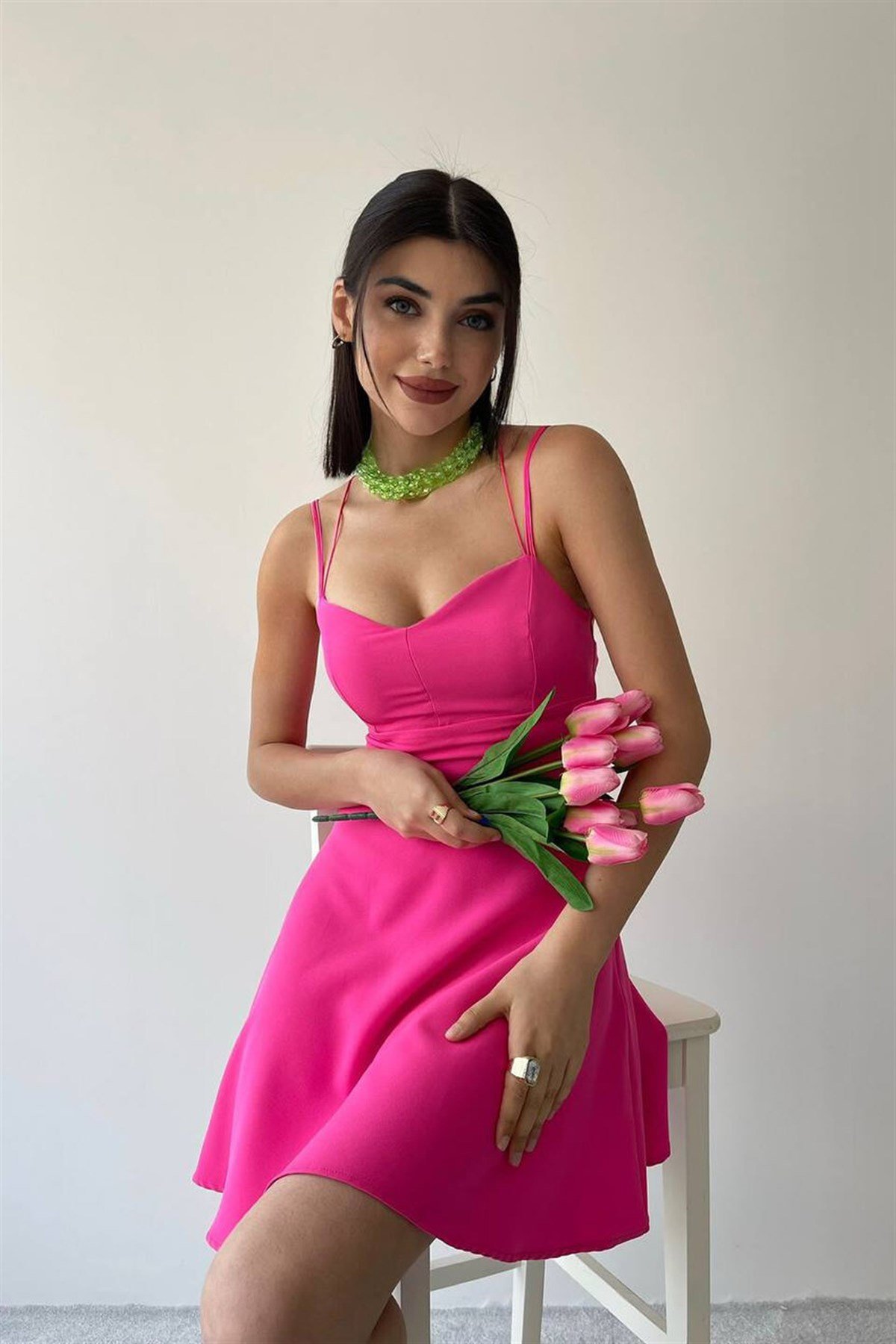 Kalp Yaka Askı Sırt Detay Elbise - FUŞYA