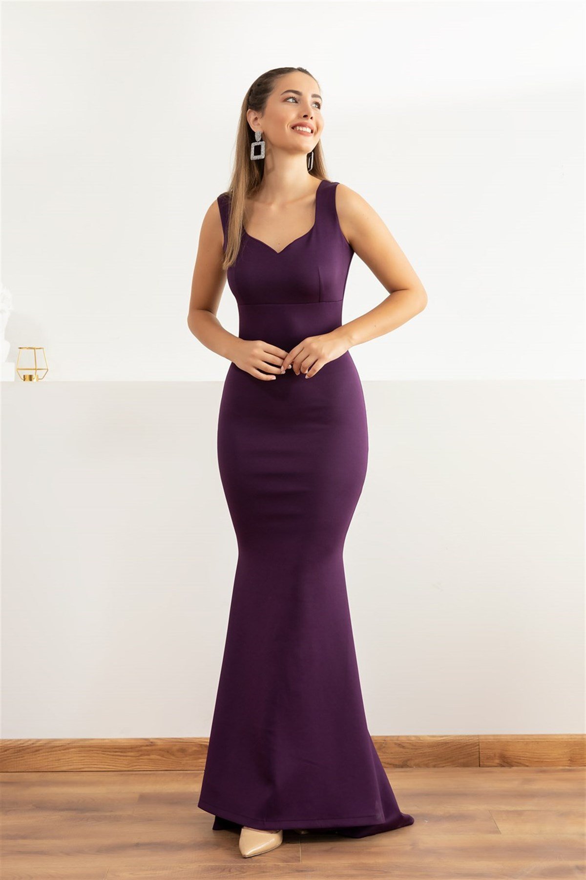 Kalp Yaka Balık Model Abiye Elbise - MÜRDÜM RENK