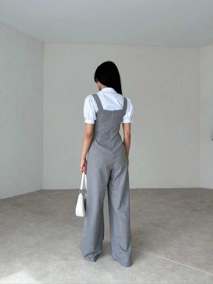 Kalp Yaka Düğme Detaylı Cepli Plazzo Model Salopet Tulum - GRİ