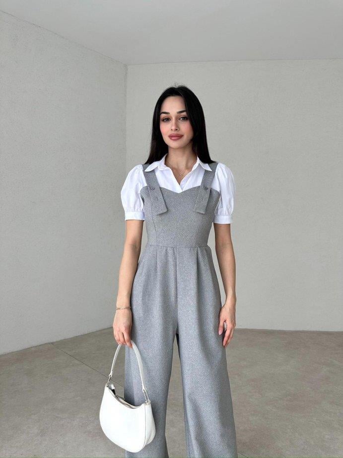 Kalp Yaka Düğme Detaylı Cepli Plazzo Model Salopet Tulum - GRİ