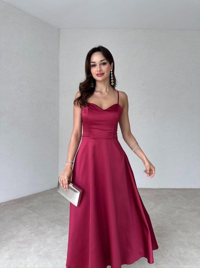 KALP YAKA İP ASKILI MİDİ BOY SATEN ELBİSE - BORDO