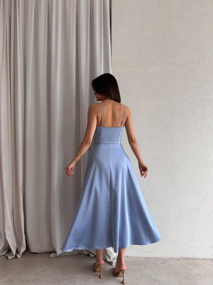 KALP YAKA İP ASKILI MİDİ BOY SATEN ELBİSE - BEBE MAVİ