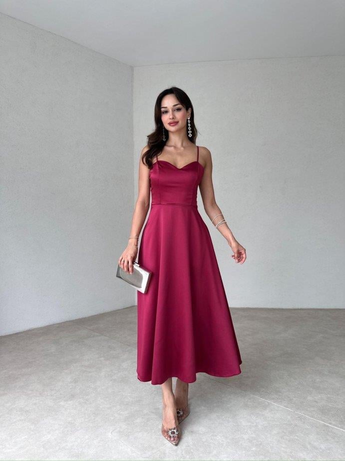 KALP YAKA İP ASKILI MİDİ BOY SATEN ELBİSE - BORDO