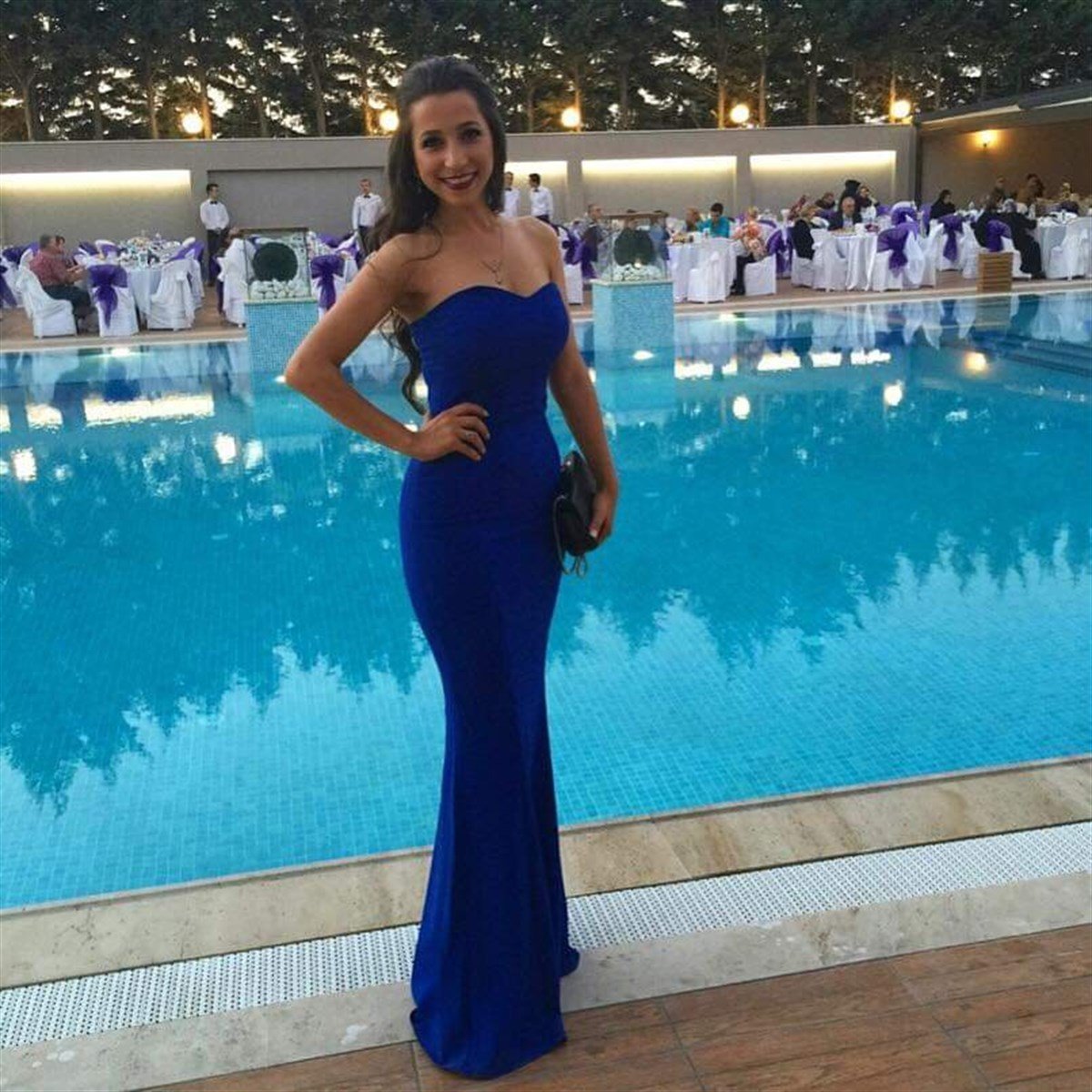 Kalp Yaka Straples Balık Abiye - Saks Mavi