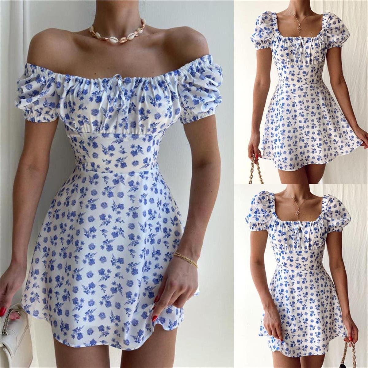 Kare Yaka Çiçekli Yırtmaç Detay Mini Elbise - MAVİ