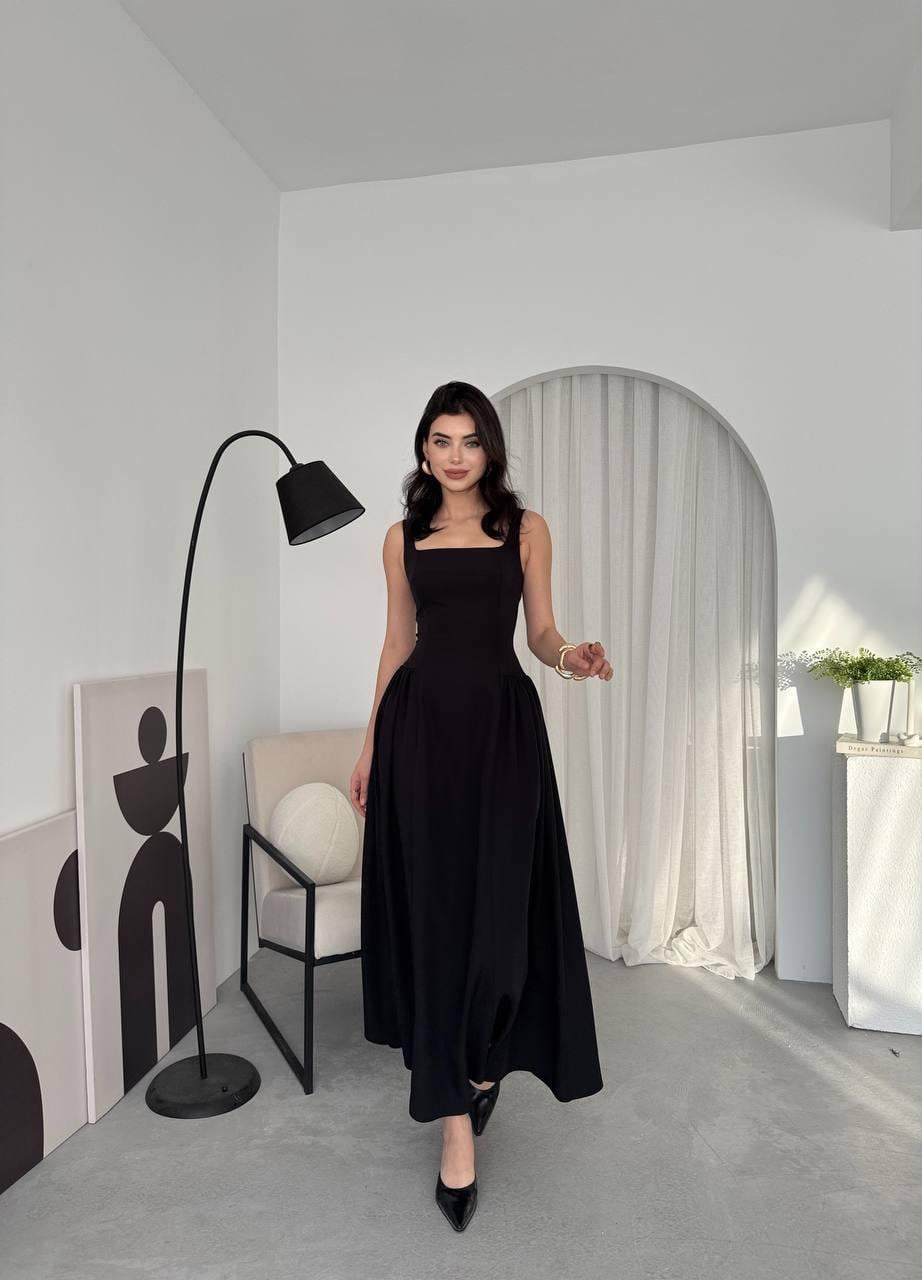 Kare Yaka Kalın Askılı Uzun Elbise - SİYAH