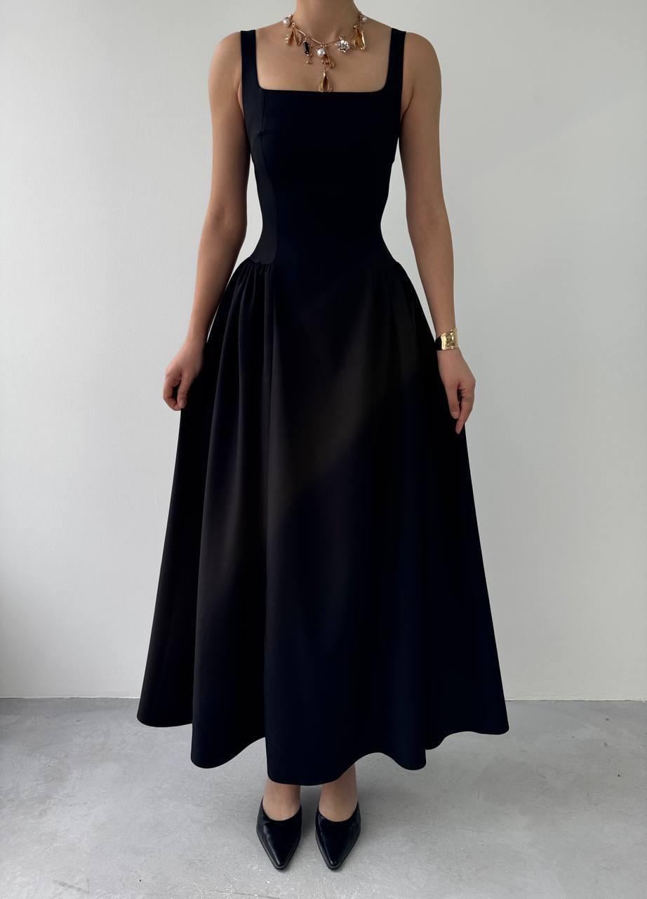 Kare Yaka Kalın Askılı Uzun Elbise - SİYAH