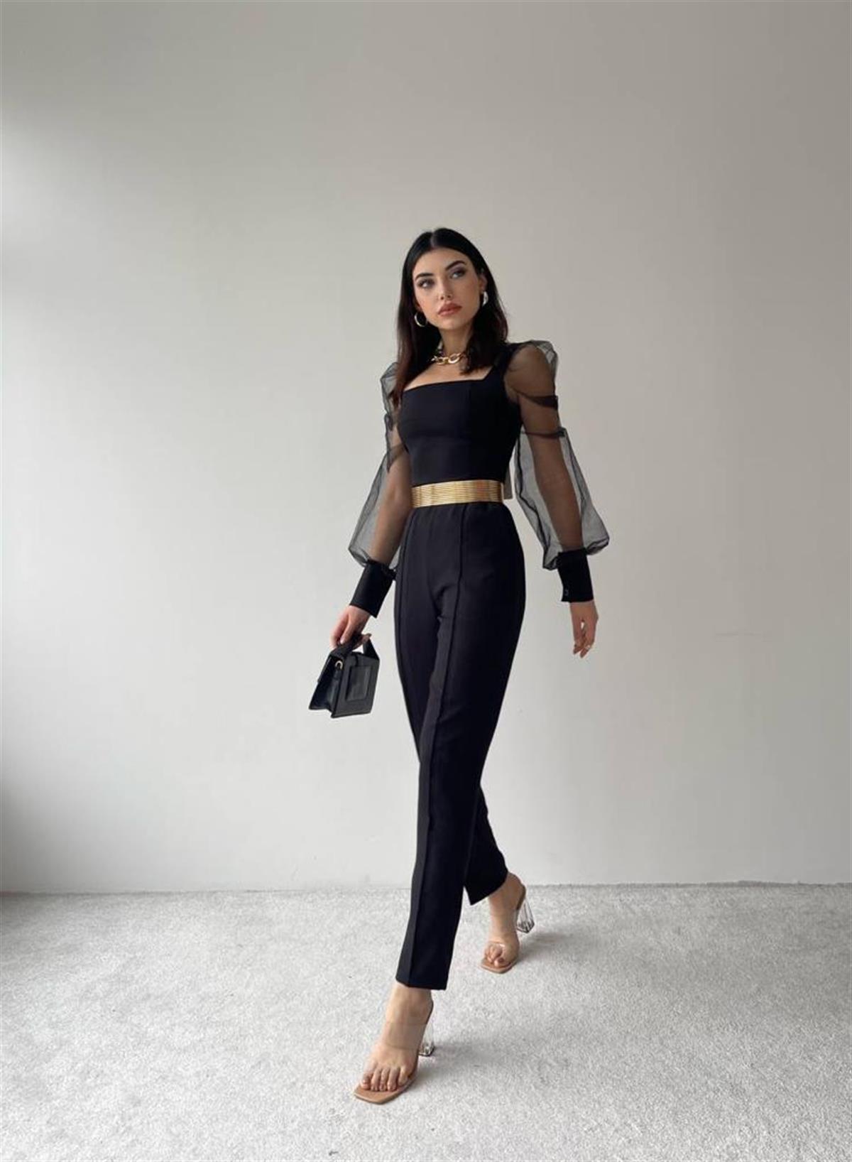 Kare Yaka Kolları Tül Detaylı Kemerli Cepli Tulum - SİYAH