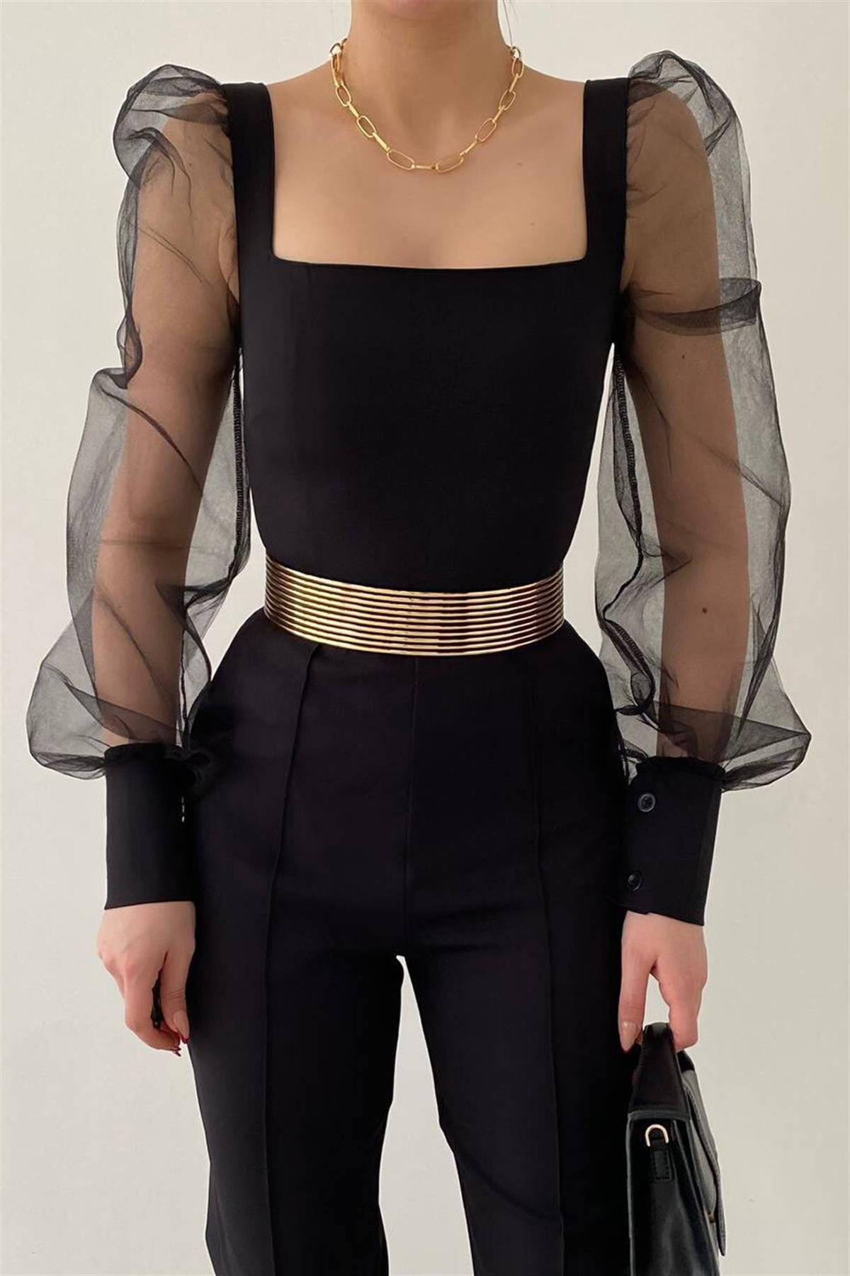 Kare Yaka Kolları Tül Detaylı Kemerli Cepli Tulum - SİYAH