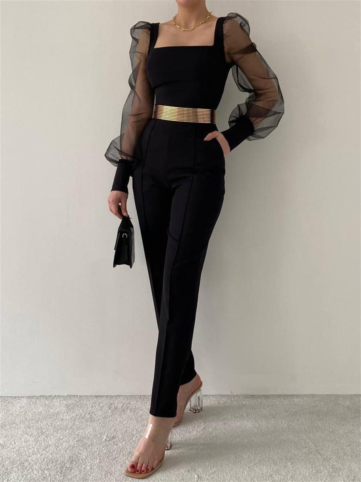 Kare Yaka Kolları Tül Detaylı Kemerli Cepli Tulum - SİYAH