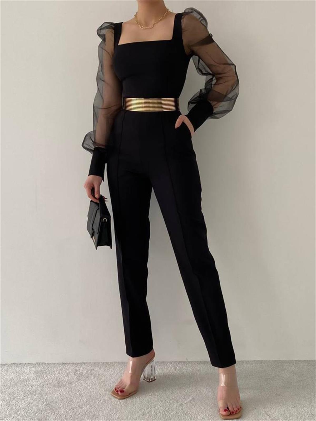 Kare Yaka Kolları Tül Detaylı Kemerli Cepli Tulum - SİYAH