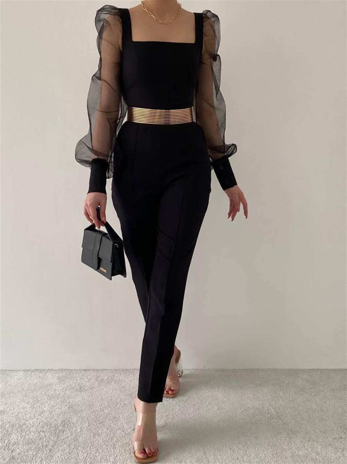 Kare Yaka Kolları Tül Detaylı Kemerli Cepli Tulum - SİYAH