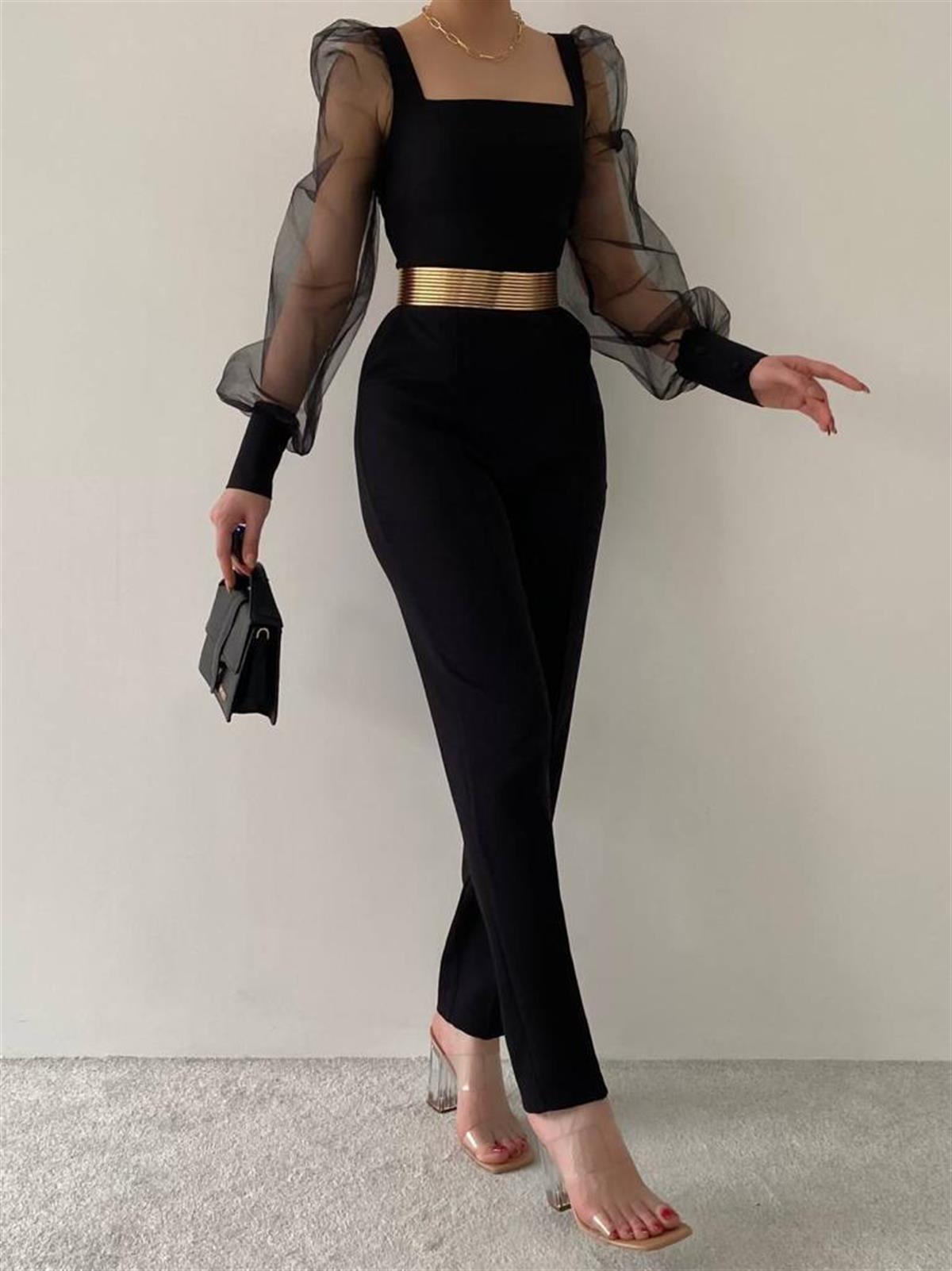 Kare Yaka Kolları Tül Detaylı Kemerli Cepli Tulum - SİYAH