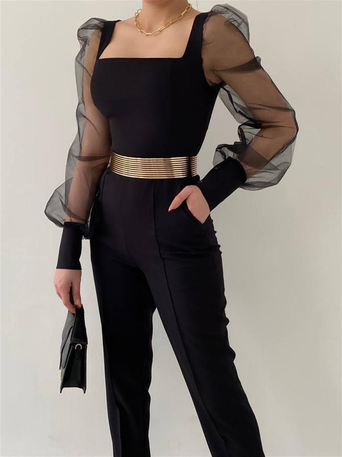 Kare Yaka Kolları Tül Detaylı Kemerli Cepli Tulum - SİYAH