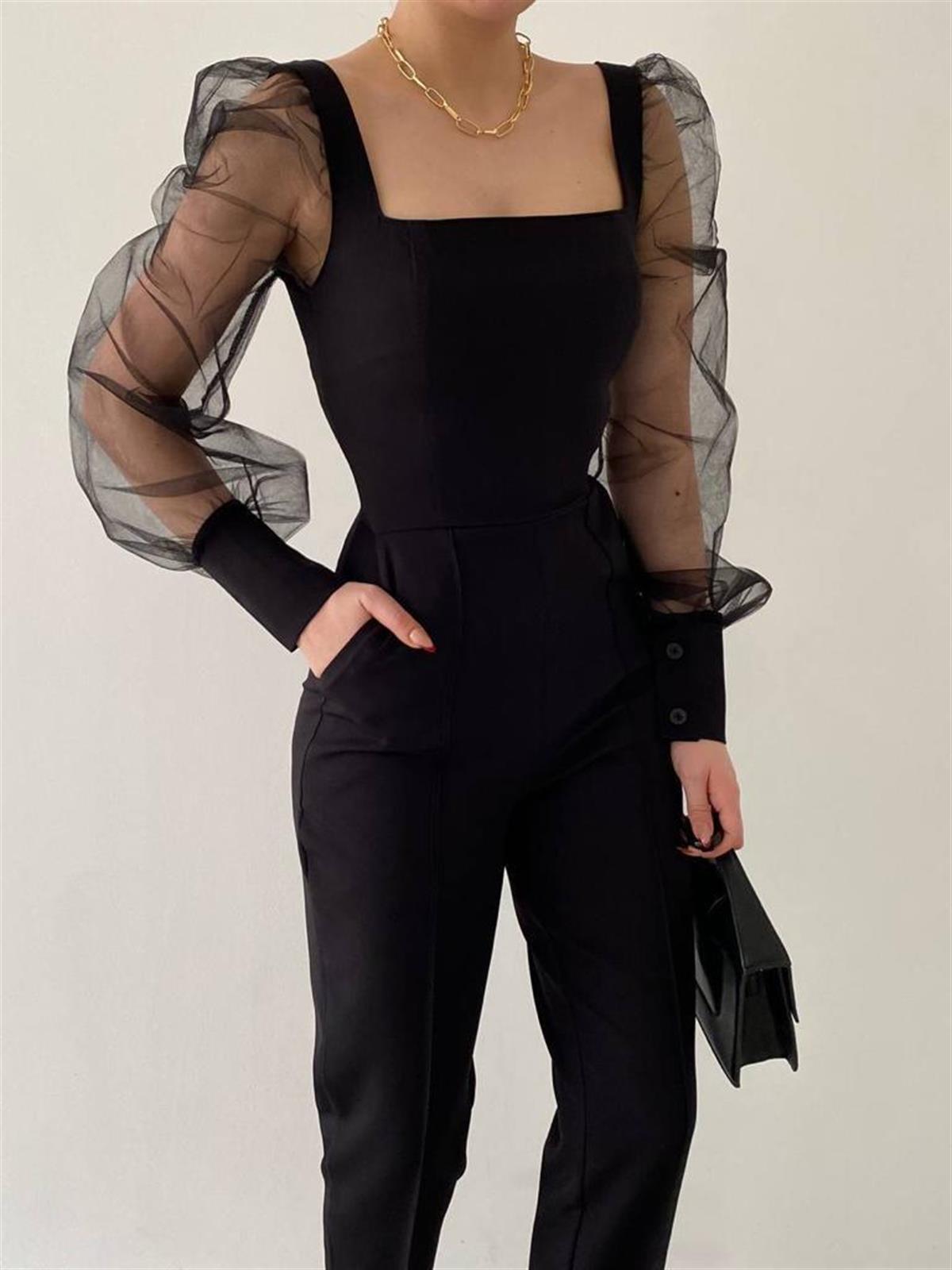 Kare Yaka Kolları Tül Detaylı Kemerli Cepli Tulum - SİYAH