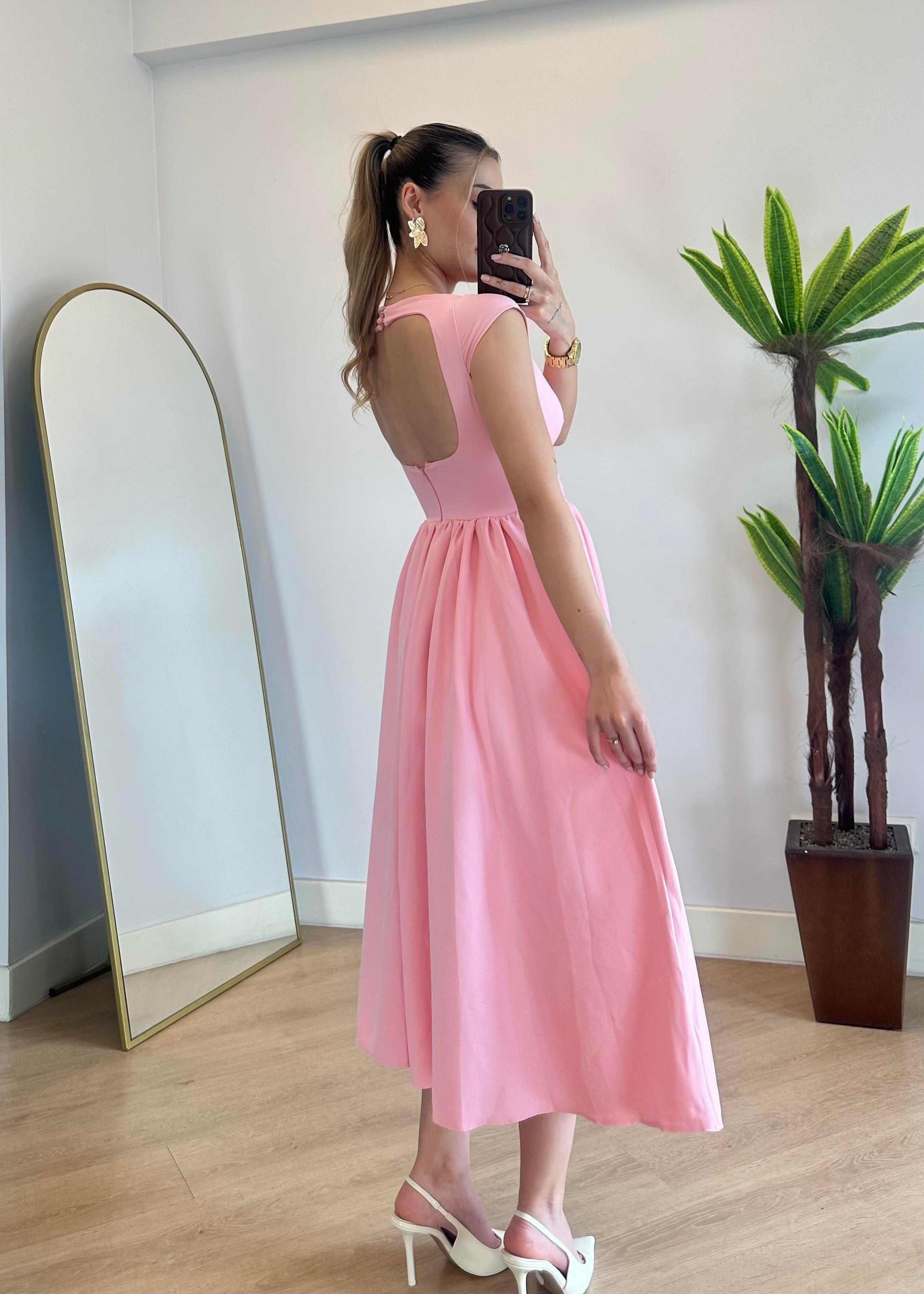 Kare Yaka Sırt Dekolteli Pliseli Belden Oturmalı Balon Uzun Elbise - PEMBE