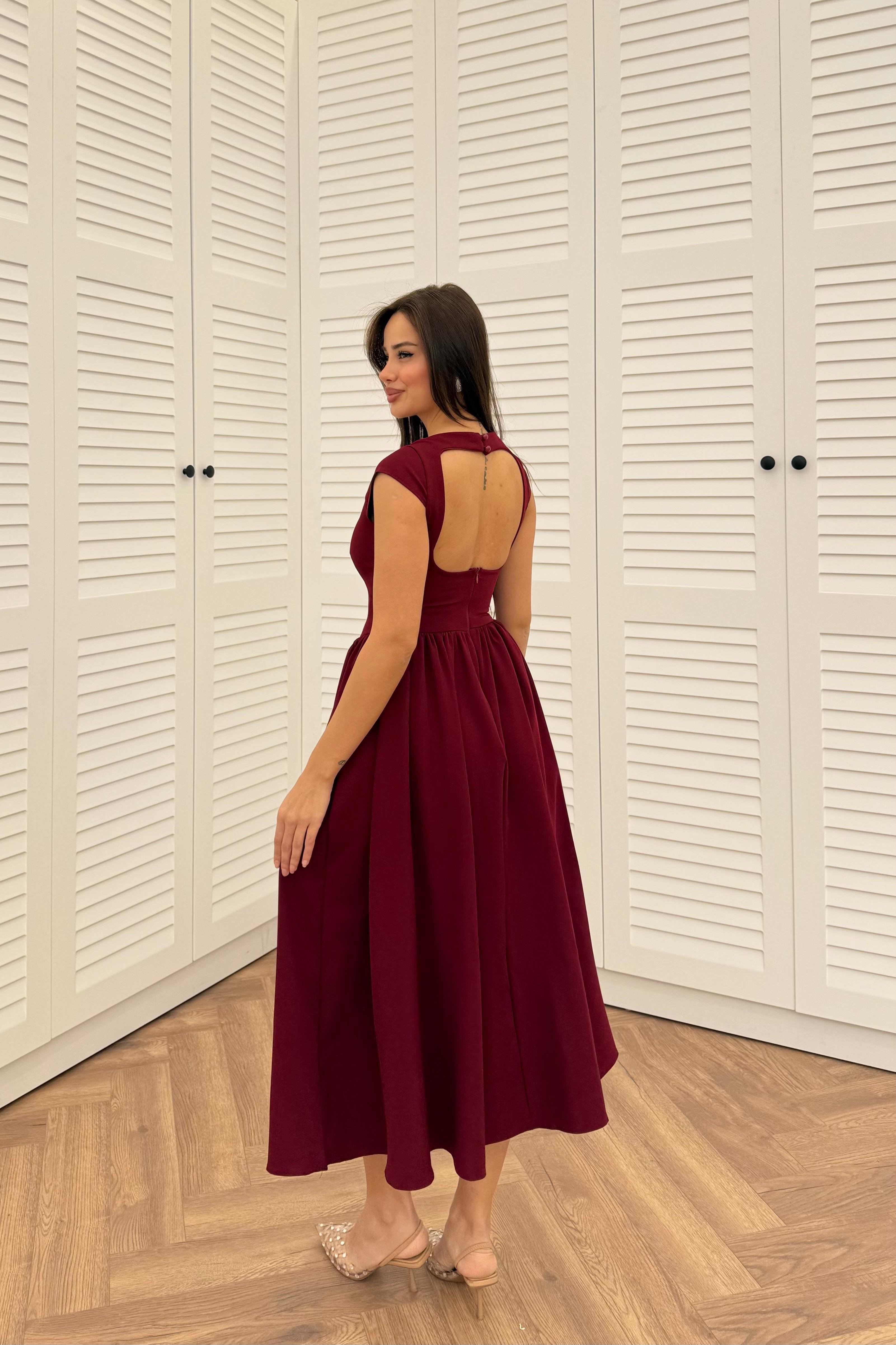 Kare Yaka Sırt Dekolteli Pliseli Belden Oturmalı Balon Uzun Elbise - BORDO