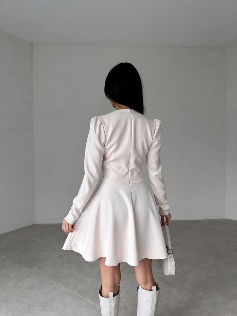 Kare Yaka Uzun Kol Mini Kadın Elbise - KREM