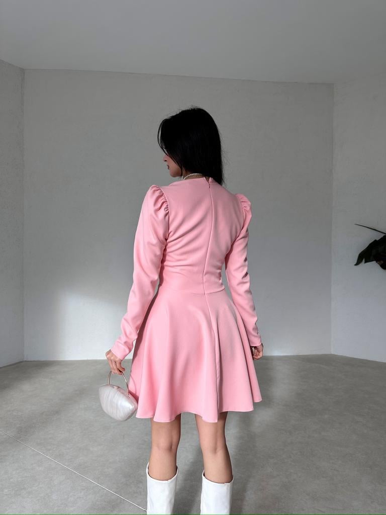 Kare Yaka Uzun Kol Mini Kadın Elbise - PUDRA
