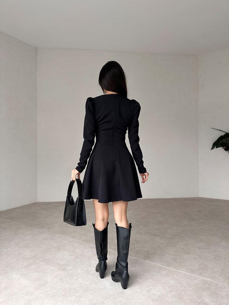 Kare Yaka Uzun Kol Mini Kadın Elbise - SİYAH