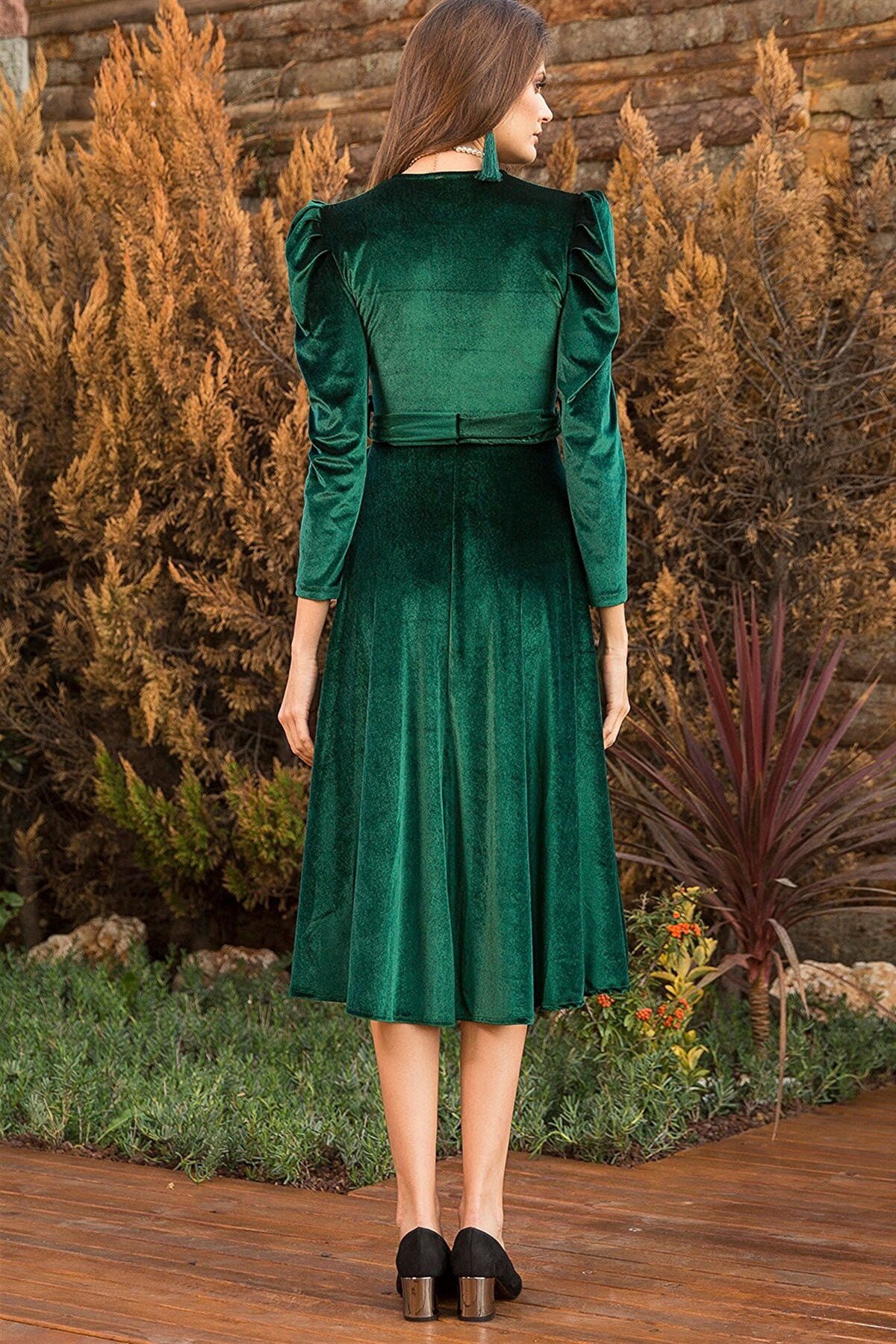 Karpuz Kol Kadife Kumaş Kuşaklı Elbise - ZÜMRÜT YEŞİLİ