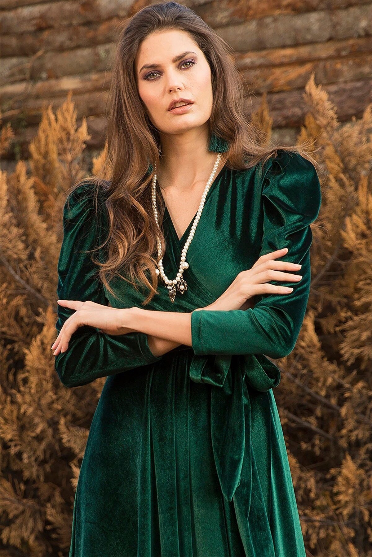 Karpuz Kol Kadife Kumaş Kuşaklı Elbise - ZÜMRÜT YEŞİLİ