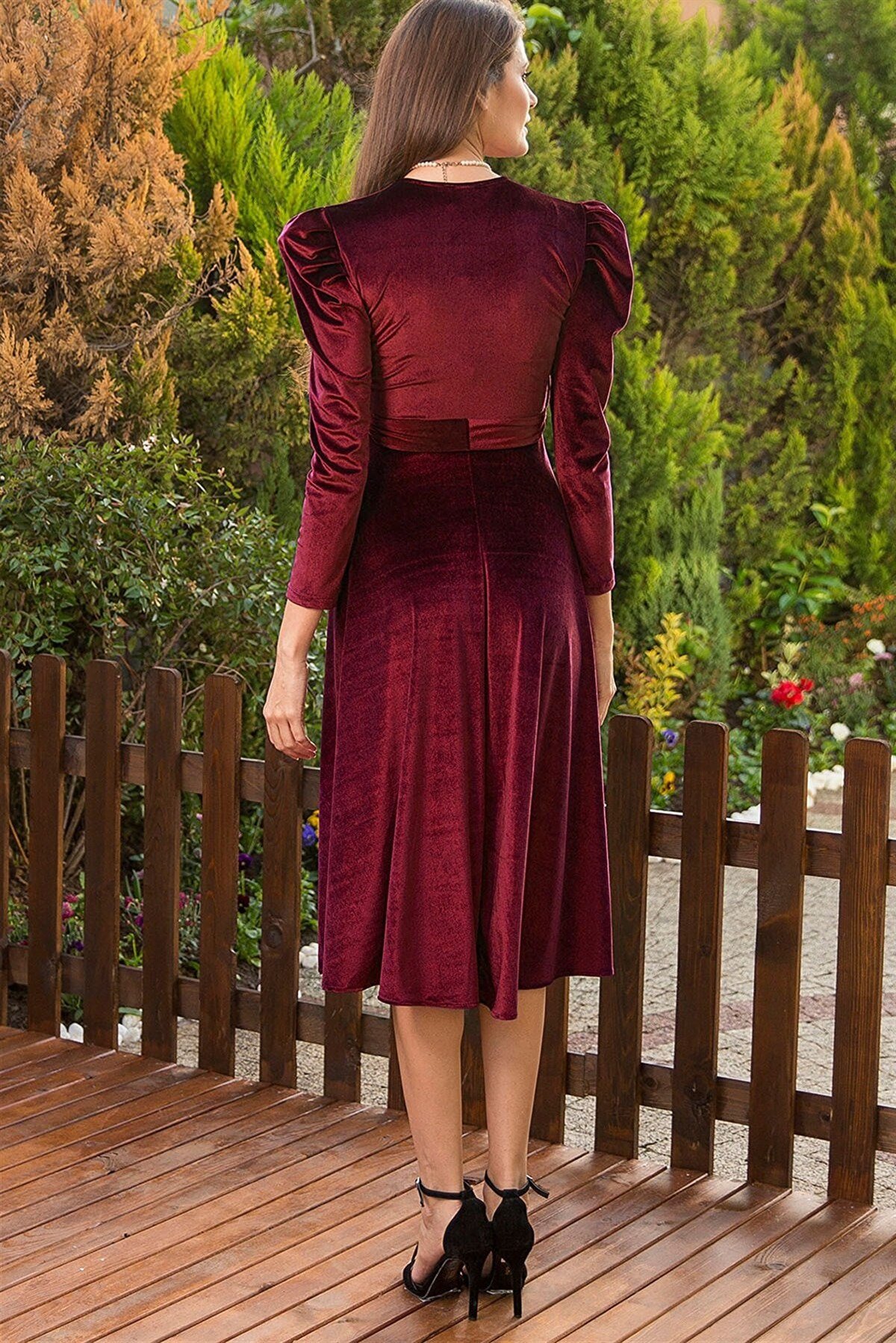 Karpuz Kol Kadife Kumaş Kuşaklı Elbise - BORDO