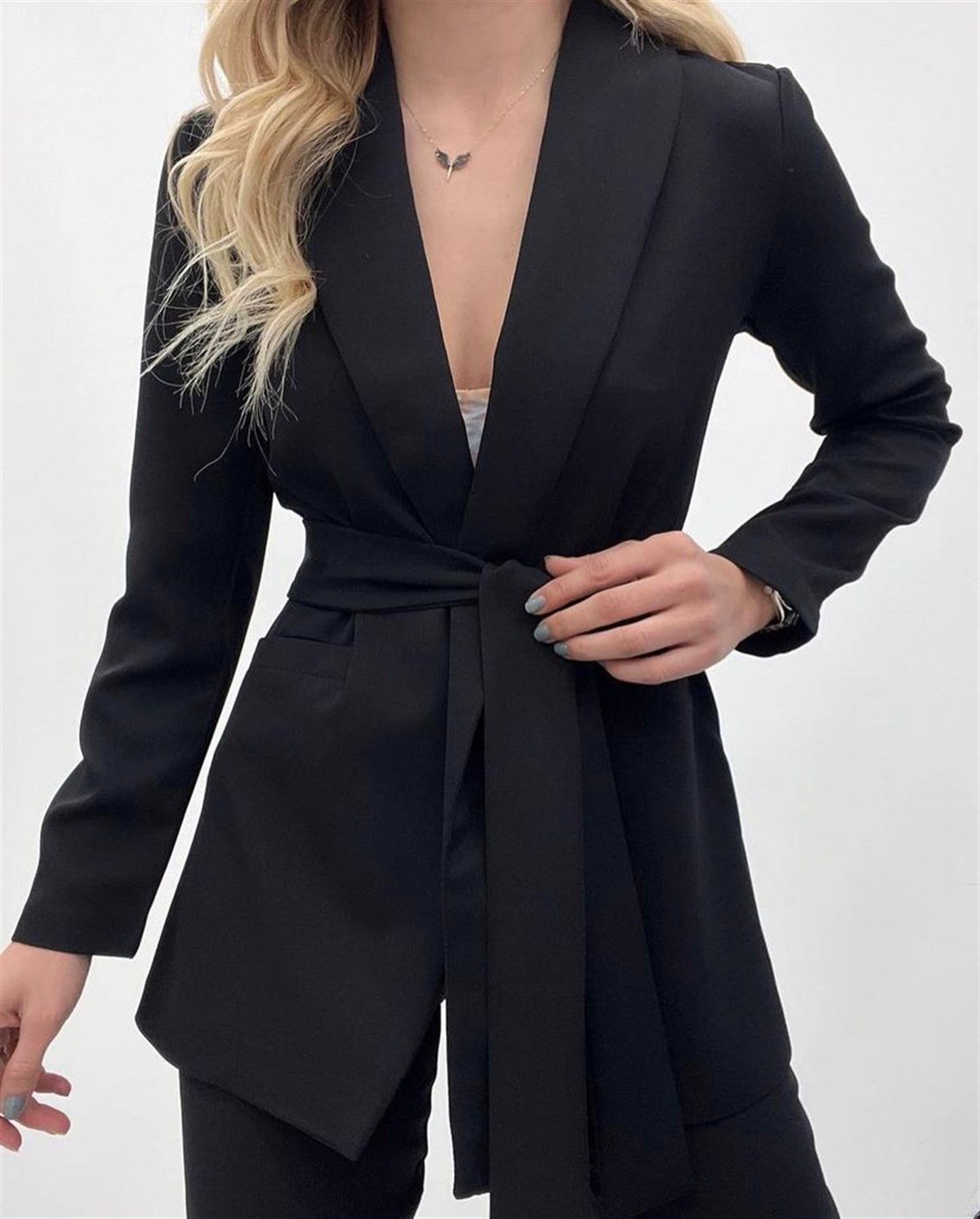 Kemer Detaylı Ceket Pantolon Takım -SİYAH